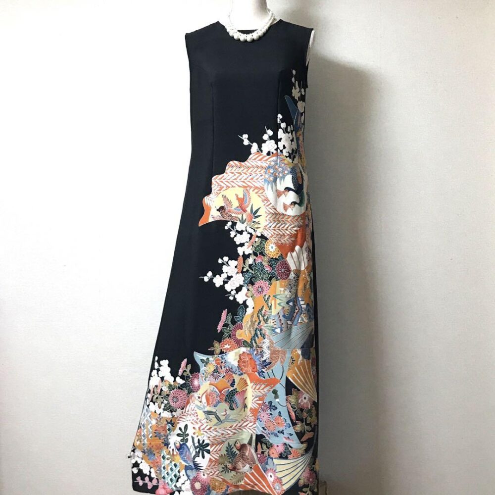 No.30202 作家物 黒留袖 着物リメイクドレス パーティードレス 結婚式