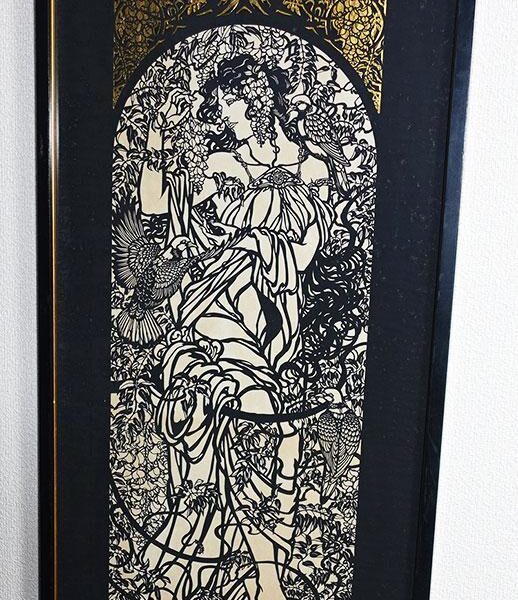 倪瑞良　藤蘿花　真作　切り絵のミュシャ　にいみずよし　超絶技巧　額装　希少作